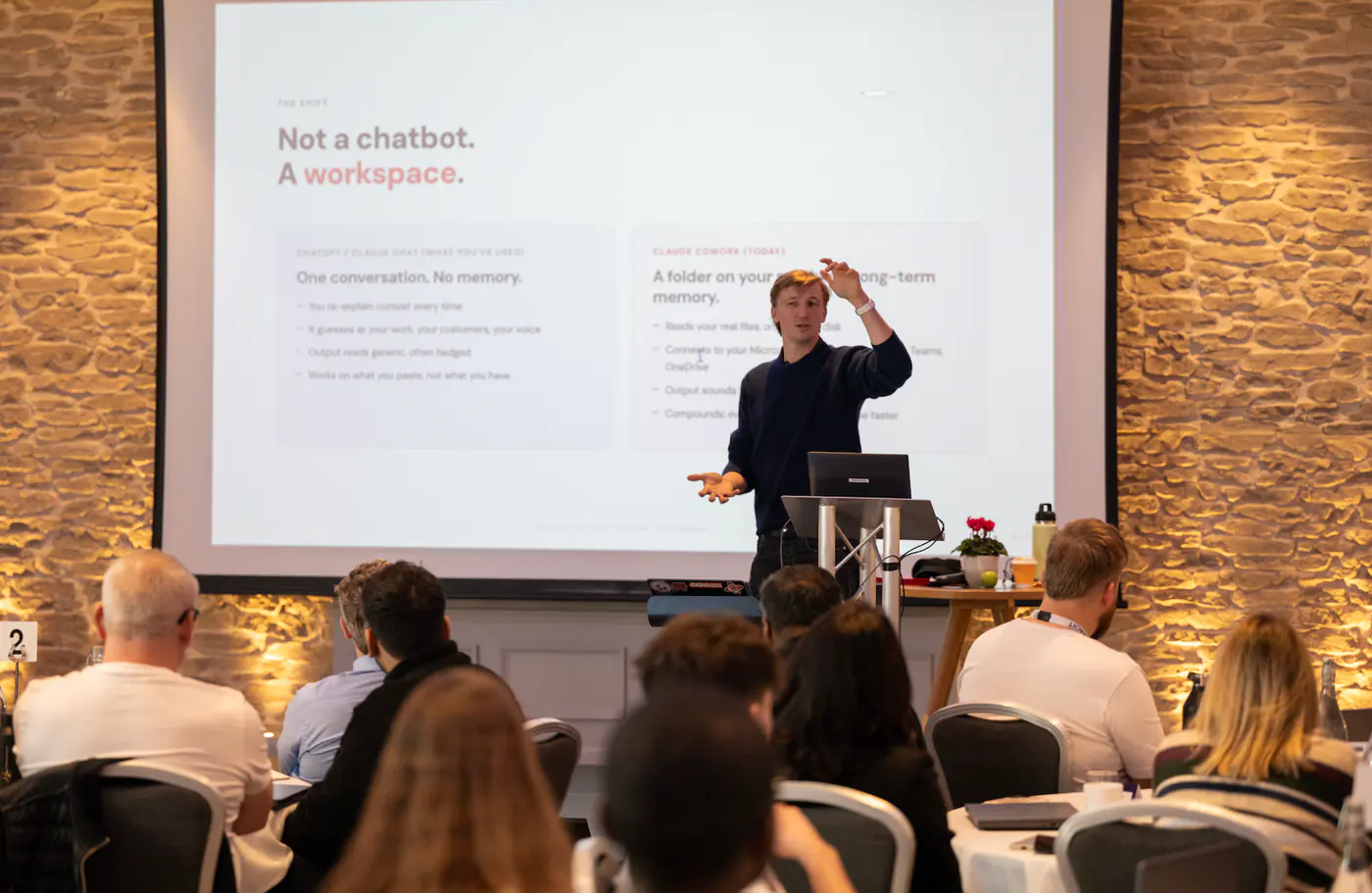 Ollie Ayton running a hands-on AI training session for a senior team